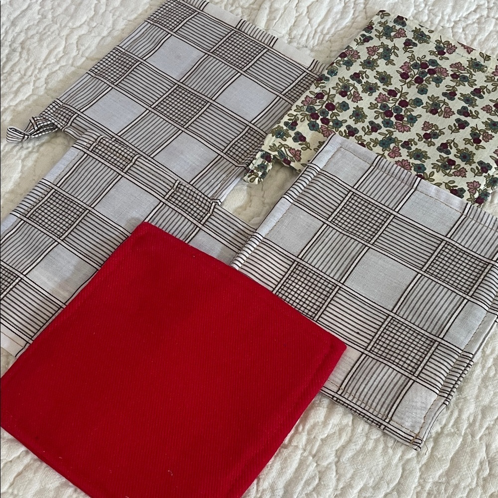 Set of Patterned and Red  vintage pot holders